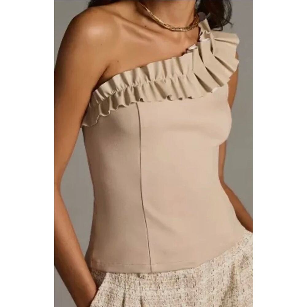 Sunday in Brooklyn Beige One-Shoulder Ruched Top Asymmetrical Chic Blouse, Sz. M